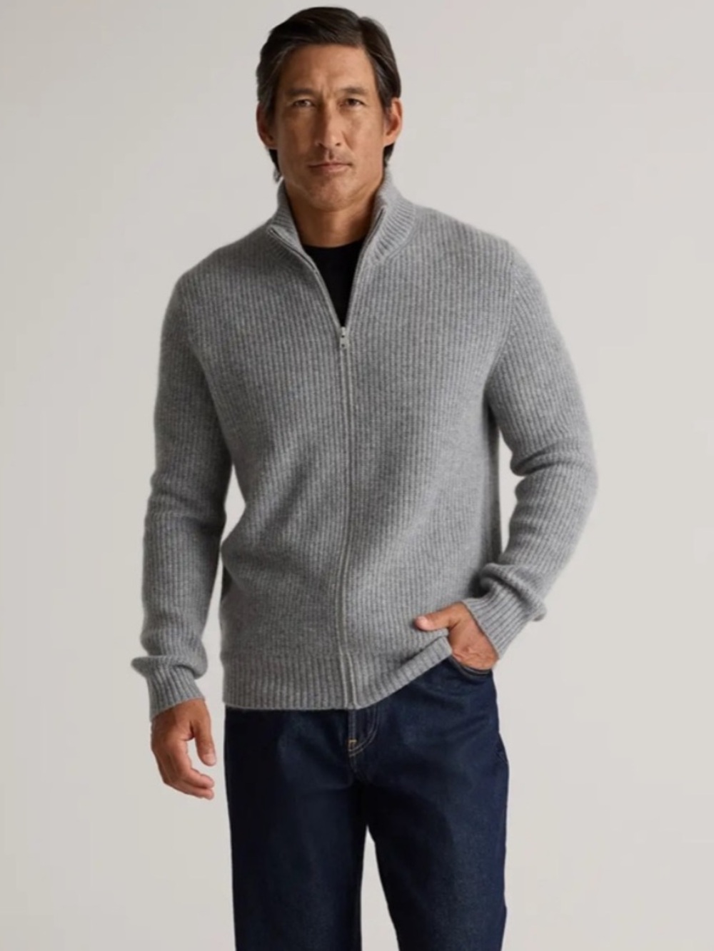 Quince Mongolian Cashmere Fisherman Full-Zip Men's Sweater - Gray XL